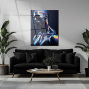 Holographic Male Portrait Glass Wall Art – Futuristic Neon Body UV Print-KAFCD041