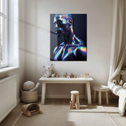 Holographic Male Portrait Glass Wall Art – Futuristic Neon Body UV Print-KAFCD041