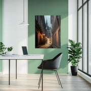 Old European Street Glass Wall Art – Moody Cobblestone Alley UV Print-KAFCD044