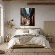 Old European Street Glass Wall Art – Moody Cobblestone Alley UV Print-KAFCD044