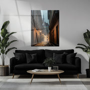 Old European Street Glass Wall Art – Moody Cobblestone Alley UV Print-KAFCD044