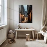 Old European Street Glass Wall Art – Moody Cobblestone Alley UV Print-KAFCD044