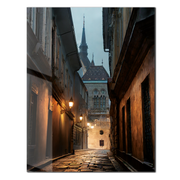 Old European Street Glass Wall Art – Moody Cobblestone Alley UV Print-KAFCD044