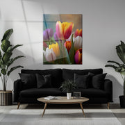 Colorful Tulip Bouquet Glass Wall Art – Vibrant Spring Floral UV Print-KAFCD049