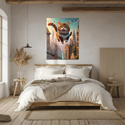Flying Happy Cat Glass Wall Art – Fantasy City Adventure UV Print-KAFCD058