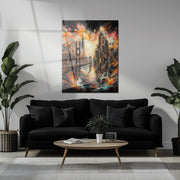 Explosive Golden Gate Cityscape Glass Wall Art – UV Printed Urban Abstract Panel-KAFCD061