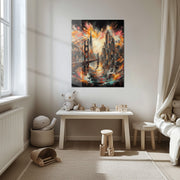 Explosive Golden Gate Cityscape Glass Wall Art – UV Printed Urban Abstract Panel-KAFCD061