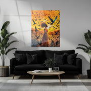 Radiant Woman in Flight UV Glass Wall Art – Birds and Freedom Abstract Portrait-KAFCD066