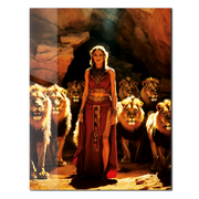 Queen of the Lions UV Glass Wall Art – Regal Woman with Lions in Sunlit Cave-KAFCD067