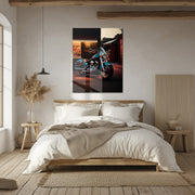 Night Rider Motorcycle UV Glass Wall Art – Classic Chrome Cruiser in Neon Street-KAFCD068