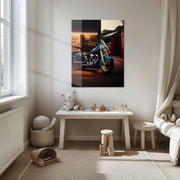 Night Rider Motorcycle UV Glass Wall Art – Classic Chrome Cruiser in Neon Street-KAFCD068