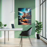 Tropical Abandoned Car UV Glass Wall Art – Rusty Vintage Ride by the Deserted Motel-KAFCD069