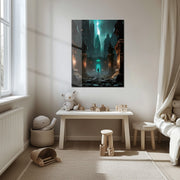 Dark Fantasy Fortress UV Glass Wall Art – Mysterious Warrior in Ancient Alien Ruins-KAFCD070