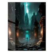 Dark Fantasy Fortress UV Glass Wall Art – Mysterious Warrior in Ancient Alien Ruins-KAFCD070