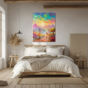 Dreamscape Sunset Valley – Llama & Mountain Fantasy UV Glass Wall Art-KAFCD082