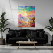 Dreamscape Sunset Valley – Llama & Mountain Fantasy UV Glass Wall Art-KAFCD082