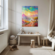 Dreamscape Sunset Valley – Llama & Mountain Fantasy UV Glass Wall Art-KAFCD082