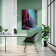 Urban Neon Explosion – Abstract Geometric UV Glass Wall Art in Red and Cyan-KAFCD086