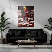 Poker Night with Parrots and Pups – Funny Animal UV Glass Wall Art-KAFCD087