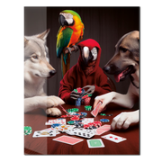 Poker Night with Parrots and Pups – Funny Animal UV Glass Wall Art-KAFCD087
