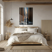 Mystical Passage UV Glass Wall Art – Monastic Figures in a Futuristic Cityscape - KAFCD091