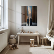 Mystical Passage UV Glass Wall Art – Monastic Figures in a Futuristic Cityscape - KAFCD091