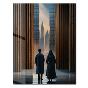 Mystical Passage UV Glass Wall Art – Monastic Figures in a Futuristic Cityscape - KAFCD091