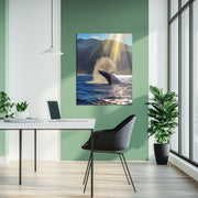 Majestic Whale Breach UV Glass Wall Art – Ocean Wildlife Scene at Sunrise - KAFCD093