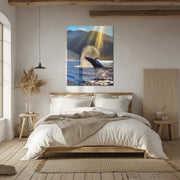 Majestic Whale Breach UV Glass Wall Art – Ocean Wildlife Scene at Sunrise - KAFCD093