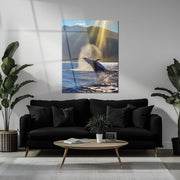 Majestic Whale Breach UV Glass Wall Art – Ocean Wildlife Scene at Sunrise - KAFCD093