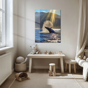 Majestic Whale Breach UV Glass Wall Art – Ocean Wildlife Scene at Sunrise - KAFCD093