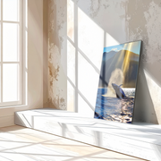 Majestic Whale Breach UV Glass Wall Art – Ocean Wildlife Scene at Sunrise - KAFCD093