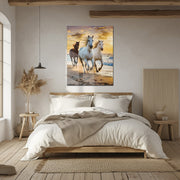 Running Horses at Sunset UV Glass Wall Art – Majestic Beach Gallop Scene - KAFCD095