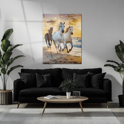 Running Horses at Sunset UV Glass Wall Art – Majestic Beach Gallop Scene - KAFCD095