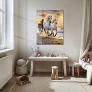 Running Horses at Sunset UV Glass Wall Art – Majestic Beach Gallop Scene - KAFCD095