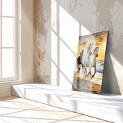 Running Horses at Sunset UV Glass Wall Art – Majestic Beach Gallop Scene - KAFCD095