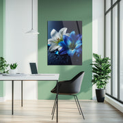 Blue and White Lilies with Dew Drops – Elegant UV Glass Floral Wall Art - KAFCD096