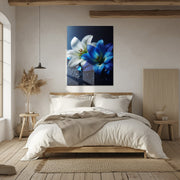 Blue and White Lilies with Dew Drops – Elegant UV Glass Floral Wall Art - KAFCD096