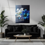Blue and White Lilies with Dew Drops – Elegant UV Glass Floral Wall Art - KAFCD096
