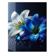 Blue and White Lilies with Dew Drops – Elegant UV Glass Floral Wall Art - KAFCD096