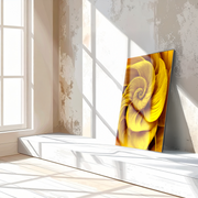 Golden Spiral Bloom – Abstract Yellow Floral UV Glass Wall Art - KAFCD097