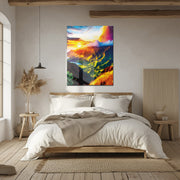 Sunlit Mountain Landscape – Vibrant Sunset Scenic UV Glass Wall Art - KAFCD098