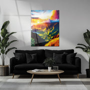 Sunlit Mountain Landscape – Vibrant Sunset Scenic UV Glass Wall Art - KAFCD098