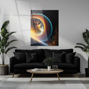 Celestial Ringscape – Glowing Planet with Rings UV Glass Wall Art - KAFCD099