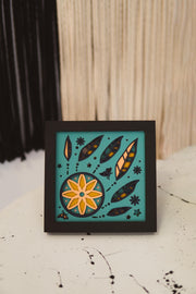 Boho Floral Layered Wood Art – 5 Layer Handcrafted Shadow Box with Feathers | Yellow & Teal Wall Decor | Free Express Shipping