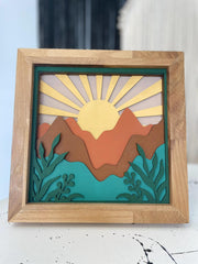 3D Layered Wooden Mountain Wall Art, Handmade Sunset Shadow Box Decor, Rustic Nature Scene, Ready to Hang, Free Shipping