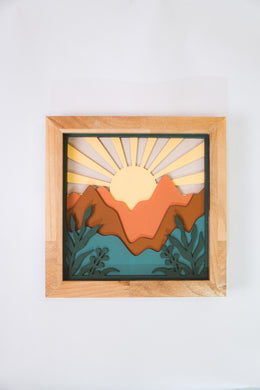 3D Layered Wooden Mountain Wall Art, Handmade Sunset Shadow Box Decor, Rustic Nature Scene, Ready to Hang, Free Shipping