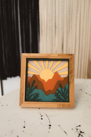 3D Layered Wooden Mountain Wall Art, Handmade Sunset Shadow Box Decor, Rustic Nature Scene, Ready to Hang, Free Shipping
