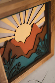 3D Layered Wooden Mountain Wall Art, Handmade Sunset Shadow Box Decor, Rustic Nature Scene, Ready to Hang, Free Shipping