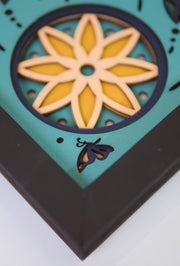 Boho Floral Layered Wood Art – 5 Layer Handcrafted Shadow Box with Feathers | Yellow & Teal Wall Decor | Free Express Shipping